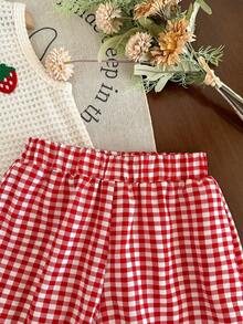 女童草莓刺绣套装，夏季针织无袖背心+红白格子短裤，清新甜美风格，儿童两件套，柔软透气，宽松版型，时尚百搭，适合夏季女童穿着 - 紅色 - 查看 7