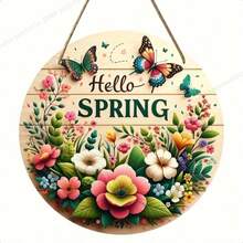 1pc Hello Spring Wreath Sign, Round Wooden Hello Spring Plaque, Spring Floral Wreath Sign, Holiday Decor, Room Decor, Home Decor, Festival Decoration, Front Door Decor, Wall Decor, Background Decor - Multicolor - View 2
