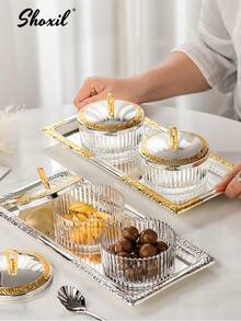 shoxil 1pc Striped Glass Bowl With Gold-Tone Lid, Suitable For Nuts, Yogurt, Ice Cream, Jewelry Storage, Tray, Decor, Serving, Applicable For Home, Restaurant, Gathering, Ramadan And Other Occasions - Bowl - View 7