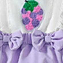 2件套女婴休闲日常可爱撞色编织白色镂空袖方领葡萄刺绣装饰拼接紫色3D蝴蝶结装饰连体衣和紫色蝴蝶结发带套装，夏季 - 淡紫色 - 查看 11