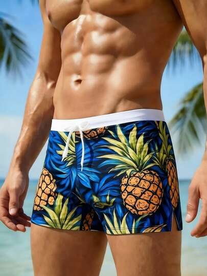 男士休闲时尚热带菠萝印花抽绳泳裤 - 抽绳沙滩短裤，适合海滩、泳池和度假场合