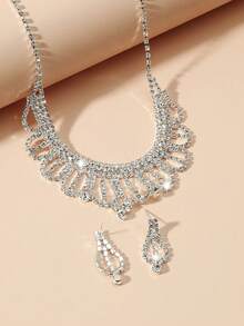 1 Set Of 3: Luxury Rhinestone Adjustable Necklace, Minimalist Rhinestone Pendant Earrings, Suitable For Wedding, Bridal Photo Shoot, Bridesmaid, Prom, Valentine's Day, Mother's Day, Daily Wear, Fashionable And Elegant Wedding Jewelry - Multicolor - View 3