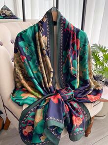 1pc Floral Print Faux Silk Scarf, Fashionable Versatile Shawl/Wrap For Daily Decoration,Beach,Holiday,Accessories,Travel Essential - Navy Blue - View 6