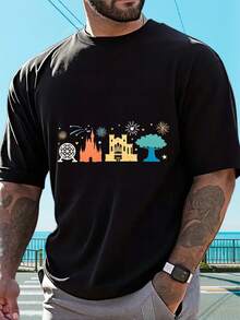 Disneyland Theme Park Icon T-Shirt 's Casual Graphic Tee With Castle Ferris Wheel Tree And Fireworks DesignFun Stamps Are Suitable For Family GatheringsChristmas Partiessports Activitiesholiday Partiesoutingssports And Other Holiday Gifts (220g). - Black - View 1