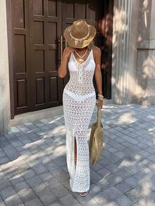 MORI 2026 春夏新款女士白色深V领修身针织长裙罩衫，针织面料，开衩设计，镂空纹理，波西米亚风，大气罩衫，纯粹性感时尚，夏季海滩度假装扮，优雅派对礼服，海滩之旅 - 白色 - 查看 9