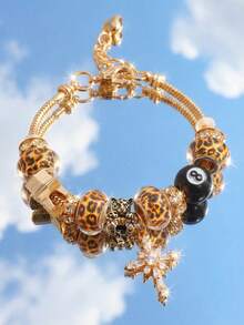 1pc Teenager DIY Beaded Bracelet With Copper Cross, Leopard Print Beads, And Black Tassels, Fashion Jewelry, Gift For Birthday - Gold - View 13