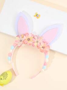 1pc Easter Pink Flower Headband For Girls,Fabric Rabbit Ear Bunny Ears Decor Headband For Girl,Cute Easter Rabbit Ear Hair Accessories For Girl Easter Gifts