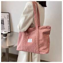Large Capacity Solid Color Simple Corduroy Tote Bag, Tote Bags For Students, Multiple Compartments, Perfect For Beach, School, Work & Daily Use, Literary School Bag For Teens, Book Bag For Women Or Students, Perfect For Books, Shopping, Back To School And More, Perfectly Matching With Fall Outfits Women - 粉色 - 查看 6
