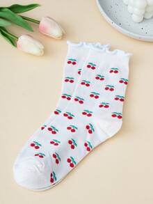 1/4 双装樱桃图案翻边中筒袜，女士可爱简约甜美风格薄袜，透气吸湿，时尚日常通勤休闲运动袜 - 彩色 - 查看 8