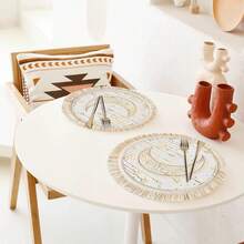 1/4/6pcs Middle East Festival Series Golden Crescent Moon With Vine Patterns & Hanging Golden Stars, Paired With Golden & Yellow Spots Linen Printed Tassel Placemats/Coasters, Elegant Ramadan Moonlight Round Placemats/Coasters, Polyester With Floral Border, Hand Washable - Ideal For Dining Tables - Multicolor - View 2