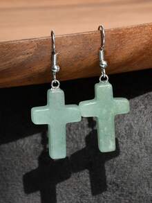 Natural Stone Cross Earrings, Vintage Personalized Design Turquoise & Amethyst & Rhodochrosite Pendant Earrings - Multicolor - View 17
