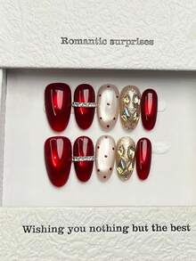 10片手工椭圆形亚克力美甲贴片，中号，简约红色美甲，闪亮猫眼美甲，小水钻戒指设计，简约优雅奢华手工美甲，秋季美甲，秋季贴片美甲，可爱美学，百搭美甲，DIY假指甲，适合派对、日常、约会、海滩、热带度假等场合，可重复使用，适合女性和女孩作为礼物，美甲用品 - 紅色 - 查看 2