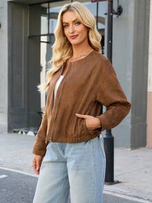 Ladies' Short Fashion Pilot Jacket, Round Neck With Pockets, Front Zipper, Long-Sleeved Spring Coat - Caramel Color - View 3