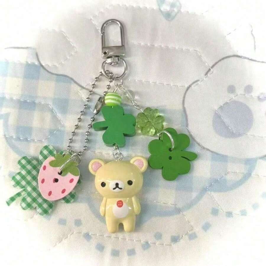 Handmade Beaded Four-Leaf Clover Easy Bear Ancient Early Japanese Cute Millennium Pendant Bag Pendant CCD Keychain Gift - Multicolor - View 1