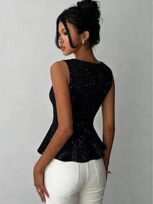 1 Peça Regata Feminina Elegante de Malha Brilhante com Babado, Adequada para Uso Diário, Verão, Praia, Férias, Casa - Preto - Visão 5