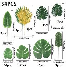 54/30/12片装，9种仿真热带棕榈叶，热带树叶，龟背竹叶，丛林叶带茎，适用于夏威夷草裙舞派对、海滩餐桌、婚礼、生日主题装饰、毕业典礼等场合，仿真琴叶草，仿真绿植，适用于家居、花园、办公室、阳台装饰、感恩节装饰 - 彩色 - 查看 14