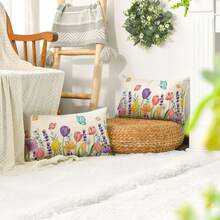 2件套春季花卉郁金香薰衣草桉树蝴蝶图案枕套，12 x 20英寸春季沙发靠垫套套装，单面图案，不含枕芯 - 彩色 - 查看 5