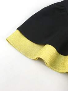 Plus Size Women's Black & Yellow Contrast A-Line Dress, V-Neck Flare Sleeve, Elegant Cocktail Party Dress - Black - View 6