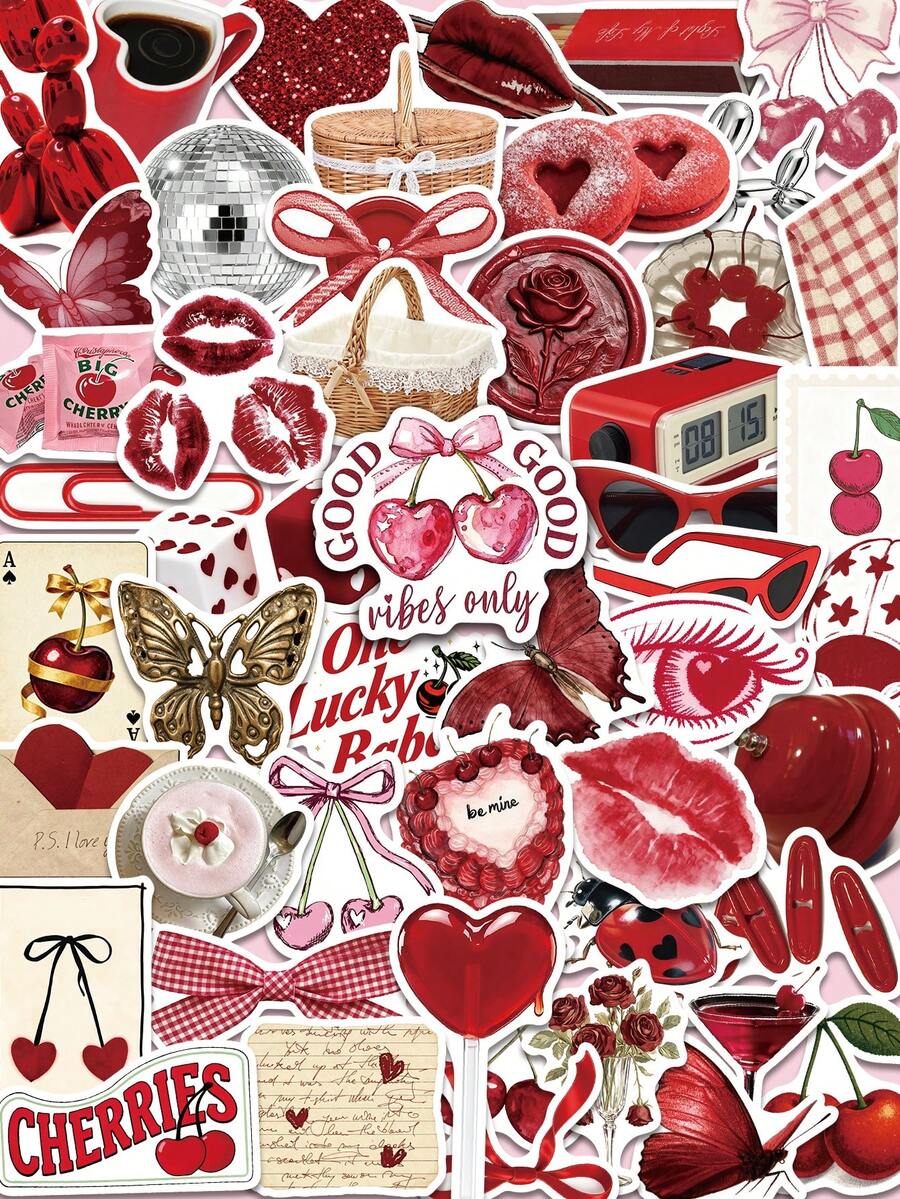 50pcs Red Aesthetic Stickers, Valentine's Day Stickers, Girl Stickers, Handmade Materials, Vinyl Stickers - Multicolor - View 1
