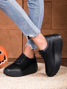 New Thick Sole Women Shaking Shoes, Casual Shoes, Elevator Shoes, Solid Color Shoes, Dirt-Resistant, Fashion Design, Versatile Women Shoes - Black - View 5