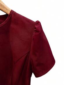 女士优雅约会/休闲A字腰带中长连衣裙，短袖，春夏款 - 酒紅色 - 查看 5