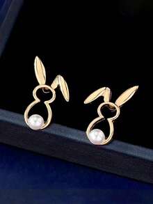 一对可爱的卡通兔子耳环，设计独特，简约高端，时尚百搭。 - 金色 - 查看 3