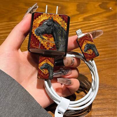 4pcs Vintage Horse Charging Adapter Protector Case, Data Cable Organizer Set - 20W/18W Charger Adapter, Adapter Head Cover, Compatible With IPhone 11/12/13/14/15/16/13 Pro Max/16 Pro Max/17 Pro Max/15 Pro Max