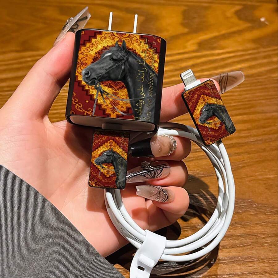 4pcs Vintage Horse Charging Adapter Protector Case, Data Cable Organizer Set - 20W/18W Charger Adapter, Adapter Head Cover, Compatible With IPhone 11/12/13/14/15/16/13 Pro Max/16 Pro Max/17 Pro Max/15 Pro Max