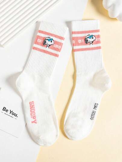  1 Pair Authentic Snoopy Pattern Women's Crew Socks, Cute Cartoon Design Snoopy Ladies Socks, Odor-Resistant Moisture-Wicking Casual Versatile Crew Neck Cartoon Pattern Socks, Suitable For Students/Adults As Gifts And Daily Wear