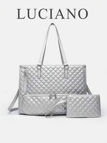 1个女士时尚大容量手提包，经典多色保温包，可装笔记本电脑，可作妈妈包、工作手提包、日常健身午餐包、野餐包、防水保温斜挎包，大号 - 銀色 - 查看 1