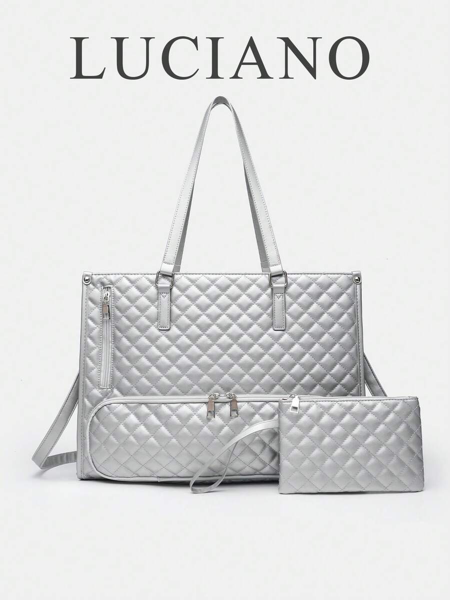 1个女士时尚大容量手提包，经典多色保温包，可装笔记本电脑，可作妈妈包、工作手提包、日常健身午餐包、野餐包、防水保温斜挎包，大号 - 銀色 - 查看 1