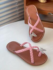 1 Pair Girls' Pink Woven Glitter Bow Decor PU Sole Soft Non-Slip Durable Round Toe Slip-On Sandals, Suitable For 3-15 Years Old Girls For Daily, Party, Travel, Street Style, Spring/Summer 2026 New Arrival - Pink - View 6