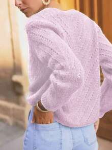 Solid Color Cardigan Long Sleeve Knit Top Sweater Jacket, Autumn/Winter - Lilac Purple - View 3