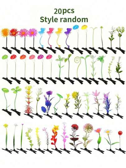 20pcs/10pcs Random Charming Mixed Faux Plant & Butterfly Hair Clips Set, Cute Grass Mushroom Flower Hair Clips Suitable For Women & Girls - Perfect For School, Family Gatherings, Christmas & Easter Gifts, Claw Clips, Hair Pins