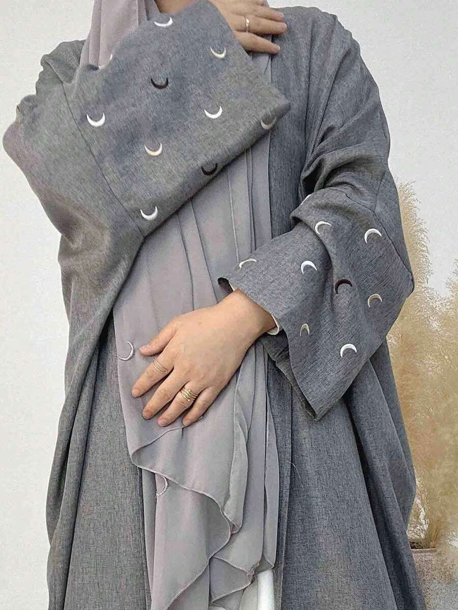 1pc Women's Elegant Moon Embroidery Pattern Sleeve Jacket Abaya, Vintage Arabic Fashion Elegant Cardigan Maxi Dress Robe, Versatile For Daily, Party, Holiday Spring - Grey - View 1