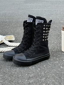 OPOEE帆布鞋，儿童中帮运动鞋，春秋季韩版，男女通用，时尚低帮休闲系带运动鞋，经典高帮运动鞋，百搭休闲运动滑板鞋 - 黑色 - 查看 2