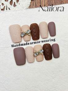 10pcs Handmade Nails Square Nails Acrylic Press On Nails Medium, Gentle Brown Nails, Sugar Nails, Matte Sweater Nails Nail Sugar, Nail Charms 3D Large Bow Inlaid, Textured Nails Simple Elegant Luxury Winter Nails, Minimalist Aesthetic Fall Press On Nail, Wintry Manicure DIY False Nail Art Party Daily & Dating Suitable Use In Work Setting Reusable, For Women & Girls As Gift Nail Supplies - Brown - View 1