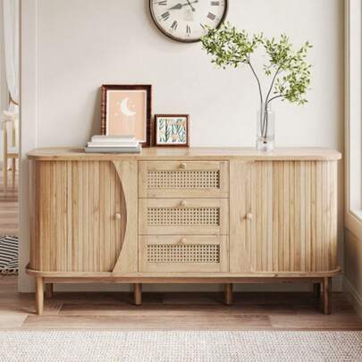 Dining Room Cabinet, Rattan Chest Of Drawers, Chest Of Drawers With Sliding Doors, Adjustable Shelves And Round Top.