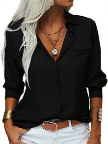 Womens Solid Lapel Long Sleeves Button Down Shirt Top Casual Basic Office Blouse,New Years Outfit Women,Country Concert Outfit,Vintage Clothes Women,Long Sleeve Tops Women,Valentine's Day, - màu đen - Xem 3