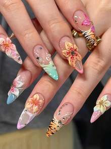 24片装前卫西部杏仁形美甲贴片：3D哑光花卉和虎纹撞色渐变美甲贴纸 - 彩色 - 查看 2