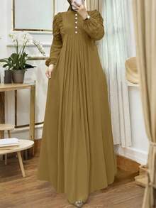 ZANZEA Elegant  Women Stand Neck Lettuce Trim Buttons Long Sleeve Pleated Muslim Dresses Holiday Casual Loose Long Dress - 卡其色 - 查看 1