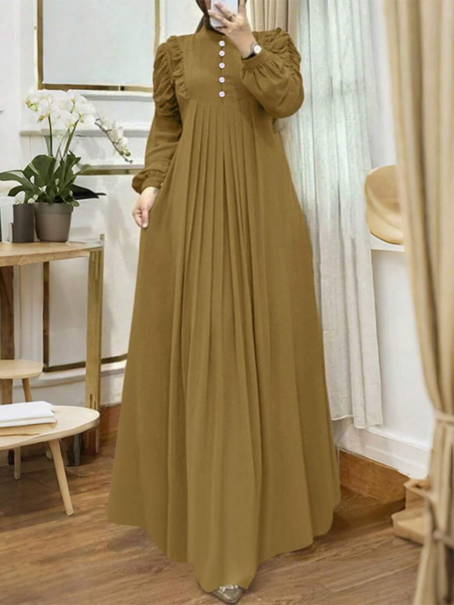 ZANZEA Elegant Women Stand Neck Lettuce Trim Buttons Long Sleeve Pleated Muslim Dresses Holiday Casual Loose Long Dress - 卡其色 - 查看 1