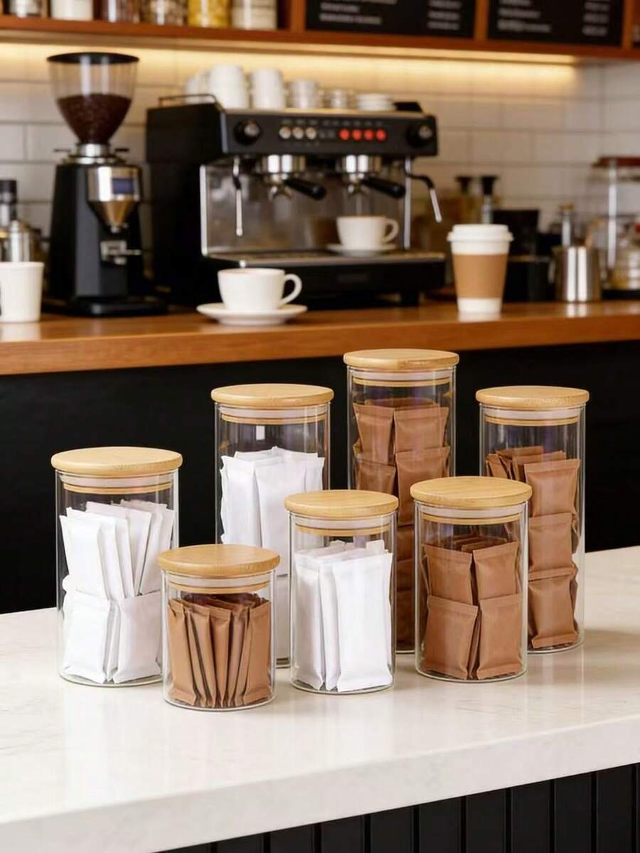 Frasco de almacenamiento hermético de vidrio borosilicato de alta calidad, adecuado para granos, cereales, frutas secas, cáscaras de cítricos secos y hojas de té. Forma de cilindro recto, emparejado con tapa de bambú, diseño transparente minimalista, adecuado para el almacenamiento doméstico.