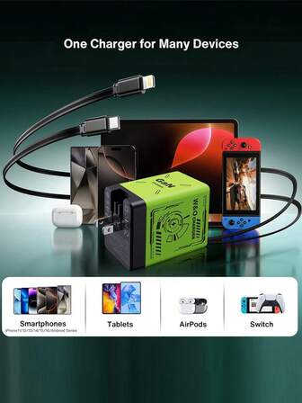 W&O Cargador rápido de doble puerto GaN de 40W, cargador de pared retráctil con cables duales, cargador USB 2 en 1 compatible con iPhone 17/16/15/14/13/12/11, iPad, Galaxy, Pixel y talla grande, regalo de cumpleaños, regalo para novio/novia