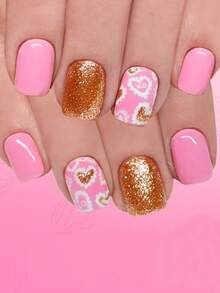 24片Y2K裸粉色方形短款假指甲，红色爱心和白色波点图案，全覆盖式指甲贴片套装，包含1个指甲锉和1张指甲胶贴，适合作为送给女孩和妈妈的美甲礼物，也适合批发美甲用品，可用于节日、派对、约会和日常佩戴。 - 彩色 - 查看 8