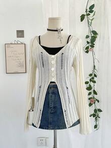 Apricot Long Sleeve Hollow V-Neck Knit Cover Up For Women, Fashion Street Party Casual Comfortable Sweater, Collegiate Style Fitted Daily Versatile Summer Solid Color Minimalist Sexy Top - Apricot - View 3