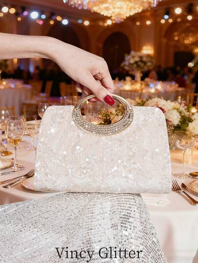 闪亮亮片丝绒女士手提包，优雅派对手拿包，可搭配连衣裙、旗袍、正式礼服，适合携带手机、口红等物品，时尚百搭