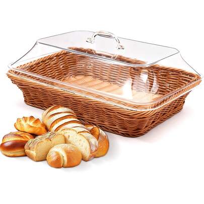 Large Imitation Rattan Bread Baskets With Acrylic Lids, Wicker Tabletop Food Serving Basket & Fruit Tray For Kitchen, Dining & Restaurants
