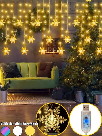 1条雪花冰柱灯串 - 现代仙女灯串，8种动态闪烁模式，适用于圣诞树、卧室、窗户、门廊、屋檐、家居、聚会、派对、生日装饰，雪花造型吊灯，带瀑布效果的雪花帘灯，97颗LED灯珠USB供电仙女灯串（暖白/白/彩色）