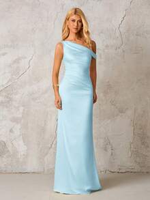 PARTHEA Cold Shoulder Ruched Draped Collar Trim Mermaid Hem Maxi Elegant Formal Evening Gowns(Zipper,Sexy) - Baby Blue - View 4